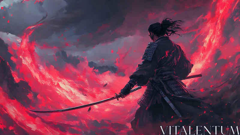 Lone samurai confronts storm of crimson fire and ash.