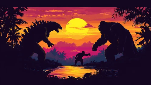 Colossal monsters confront each other under blazing tropical sunset