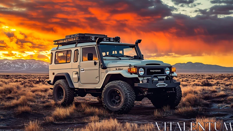 Off-road SUV parked in desert under vivid sunset sky.
