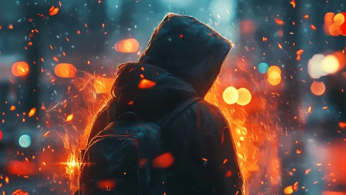 Hooded figure with backpack framed by orange embers and bokeh glow.