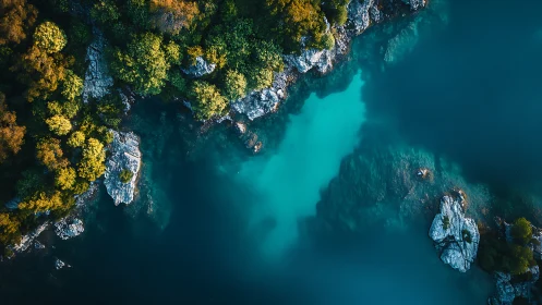 Aerial study of turquoise lake cove against rocky forest shore