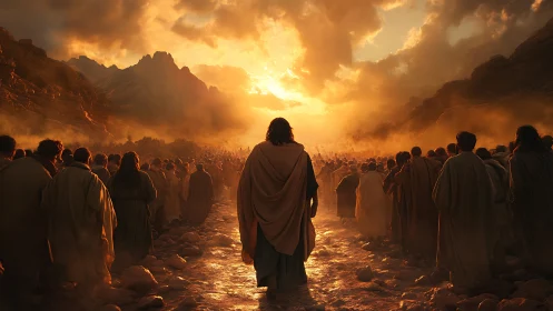 Prophet leads desert multitude toward blazing sunrise