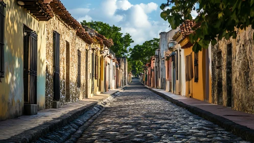 Historic cobblestone street lined with colorful old houses.