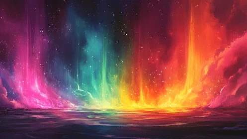 Multicolored aurora over reflective water under starry sky.