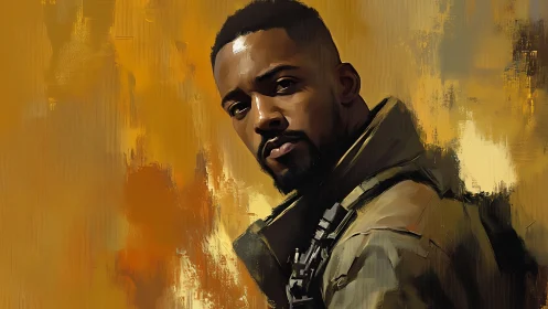 Digital portrait of man in tactical coat against ochre field