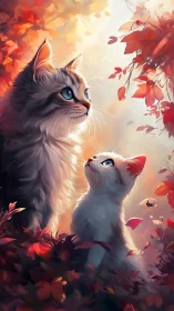 Mother Cat and Kitten in Autumn Leaves.