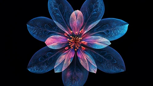 Neon petals quietly bloom like cosmic glass in midnight space