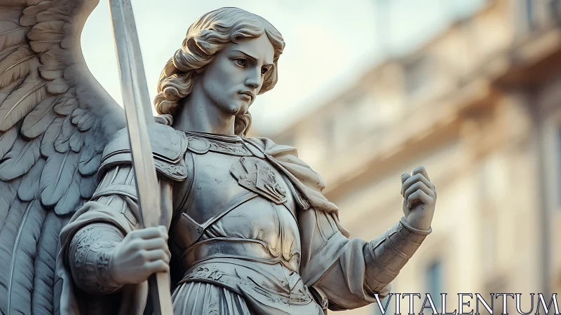 Stone winged warrior statue holds sword in urban setting
