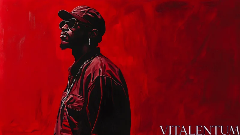 Side profile of man in red clothing on red background.