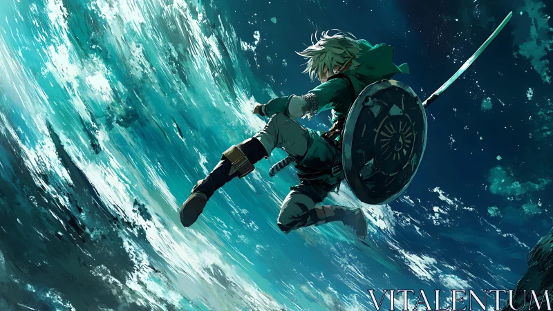 Sword-wielding hero dives through swirling teal sky.