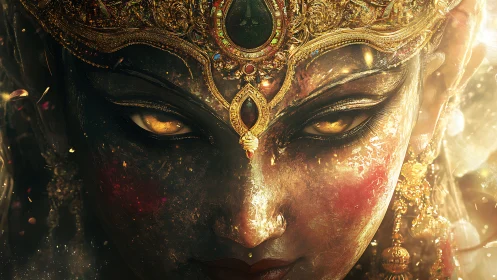 Gilded goddess gaze blazing through molten divine twilight.