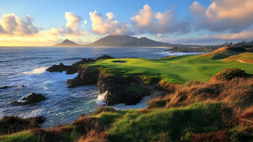Golden sunset light embraces a dramatic oceanside golf course