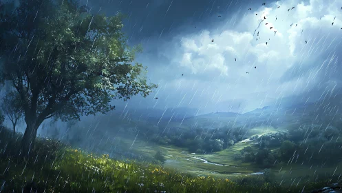 Solitary hillside tree greeting a rain-washed valley glow.