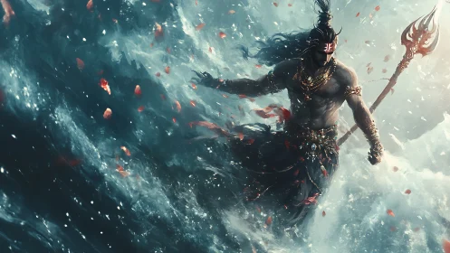 Ocean war god strides through storming waves in fury.