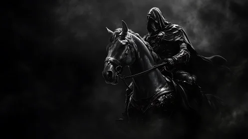 Shadow-cloaked rider on midnight steed storms the void.