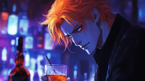 Cyan lit anime bartender with orange hair holds reflective whiskey glass