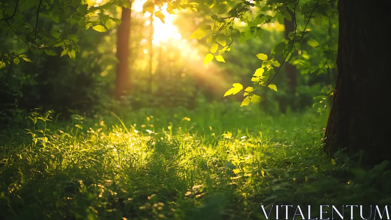Sunlight streaming through lush green forest in soft focus.