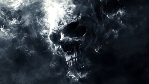 Smoky skull apparition emerging from dark void background.