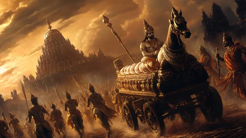 War chariot leads armored soldiers past vast golden temple.