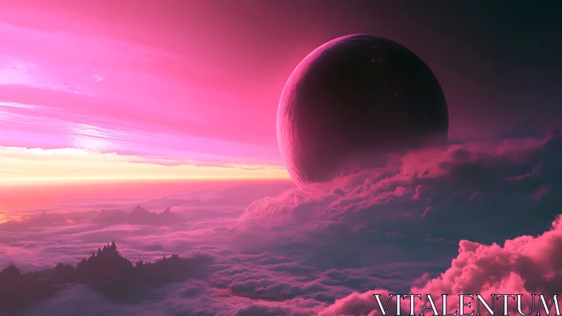 Pink extraterrestrial landscape with distant dark planet.