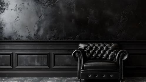 Black leather armchair anchors a dramatic monochrome interior