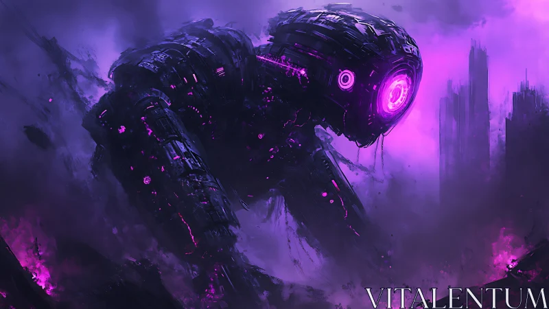 Colossal mech titan storms neon wasteland skyline. Period.