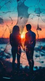 Dual Silhouettes Through Fractured Glass: Sunset Transparency Study.