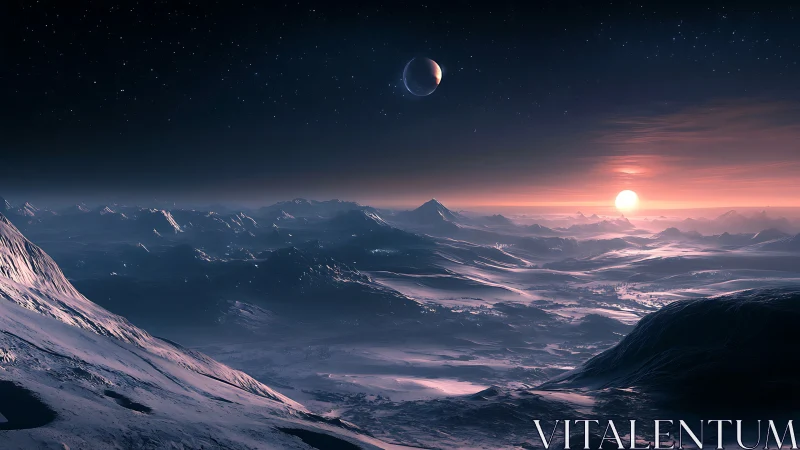 Frozen alien valley under twin suns and distant planet