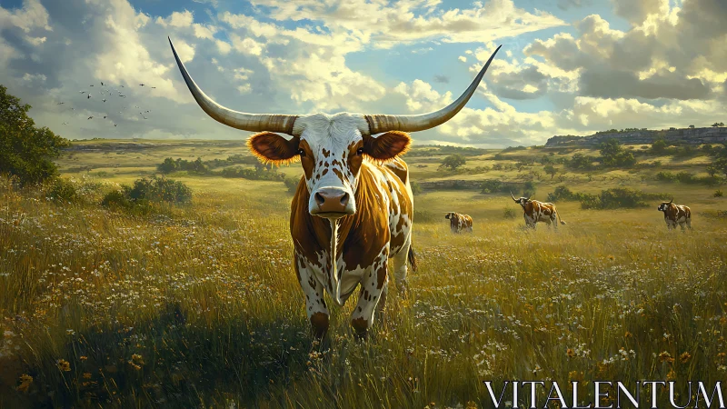 Longhorn monarch strolling through wildflower sunfields.