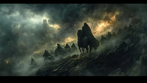 Mounted cloaked figures advance toward distant dark fortress.