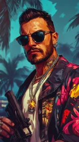Tattooed man with handgun in tropical urban setting.
