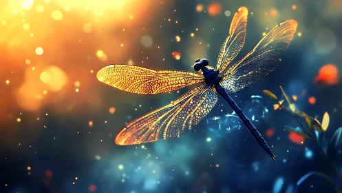 Luminous dragonfly in bokeh-lit twilight fantasy sky.