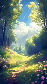 Sunlit Forest Path Through Towering Trees.