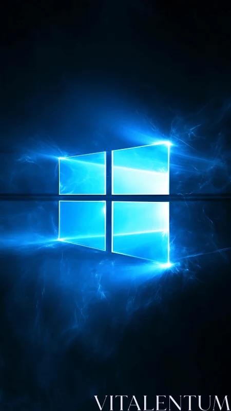 Glowing blue window emblem emits volumetric light in darkness