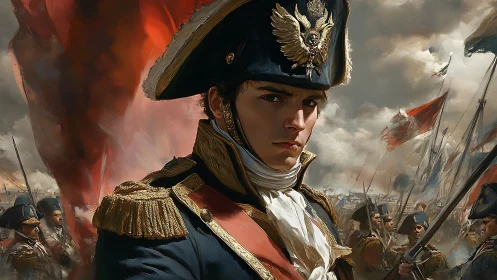 Young Napoleonic officer commands troops amid stormy battlefield