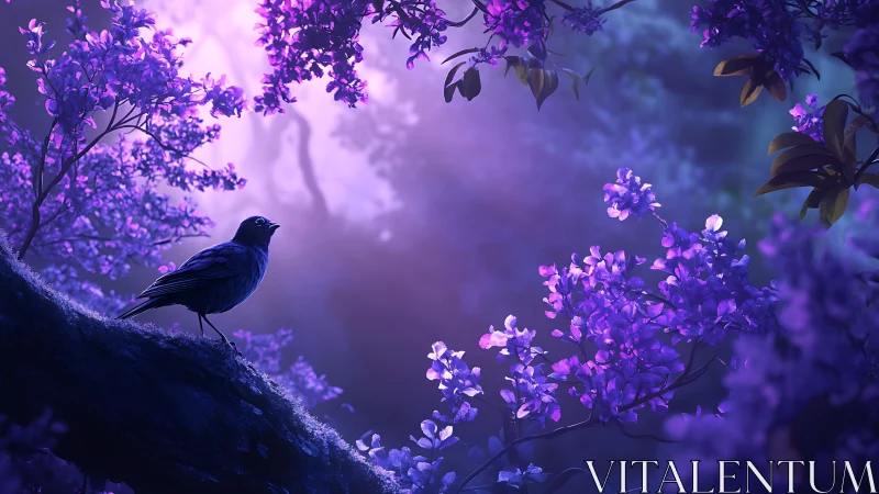 Songbird rests in a luminous purple twilight grove
