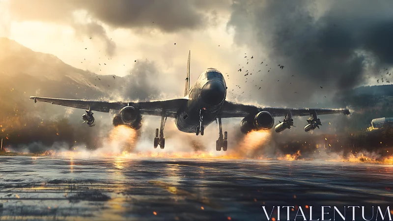 Strike jet roars through firestorm over blazing runway.