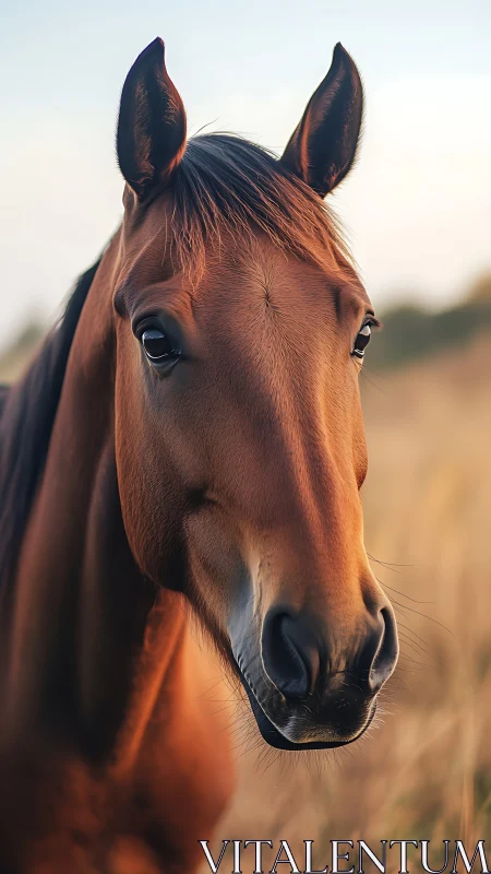 Bay horse portrait in warm backlight with shallow focus depth.