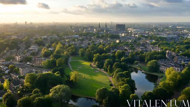 Sunlit city park cradled by rooftops and distant spires.