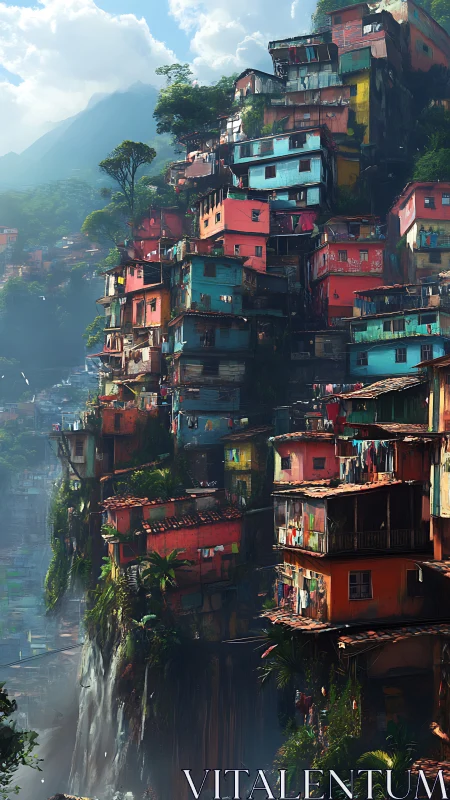 Colorful cliffside favela clings to misty tropical mountainside