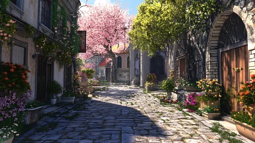 Cobbled spring lane daydreams beneath blooming stone walls