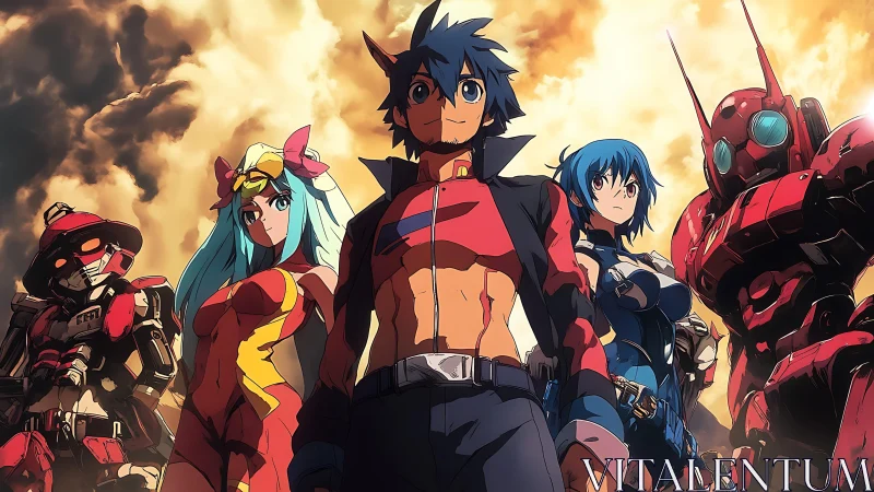 Anime heroes stand with red mechs under dramatic sky