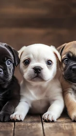 Tri-color bulldog puppies rest on rustic wooden floor.