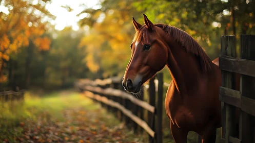 Gentle chestnut horse enjoying a golden autumn pasture.