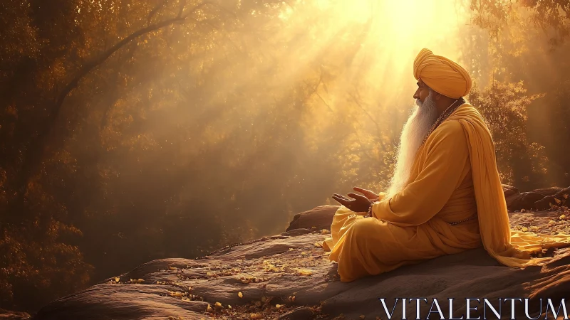 Elder meditates in golden forest light on rocky outcrop