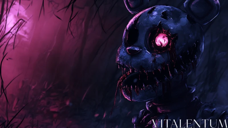 Demonic animatronic bear in neon magenta fog forest, closeup