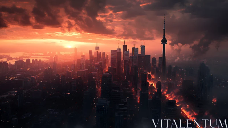 Burning futuristic skyline glows beneath an apocalyptic sunset