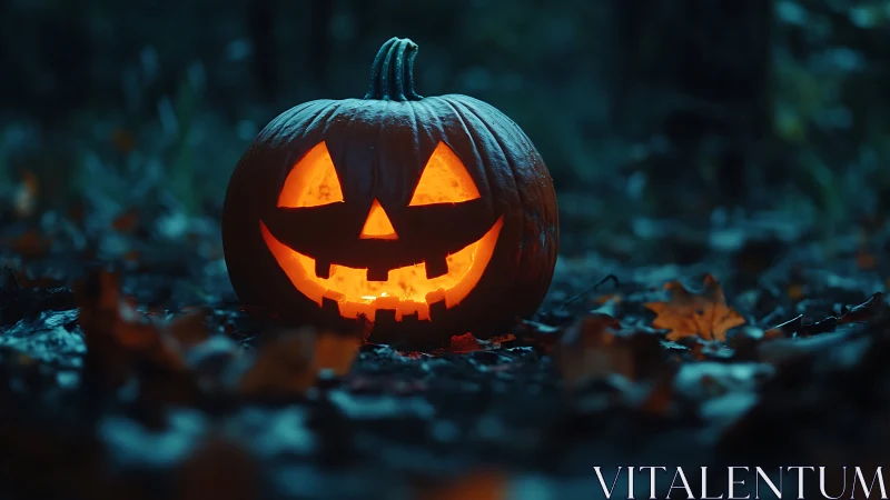 Glowing jack o lantern smiling warmly in a moonlit forest.