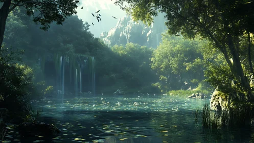 Peaceful forest waterfall pond bathed in gentle morning light.