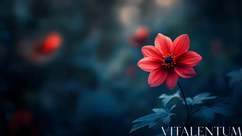 Red Dahlia Bloom with Blurred Garden Background